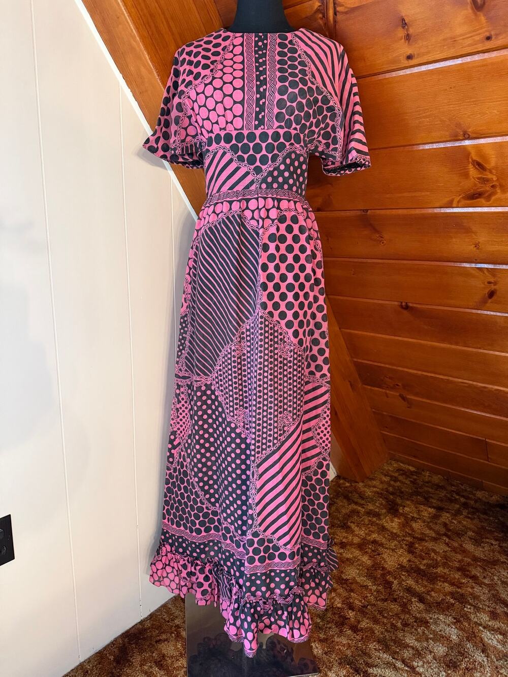 Vintage 70s Pink & Black Polka Dot Monochrome Print Angel Sleeve Maxi Dress